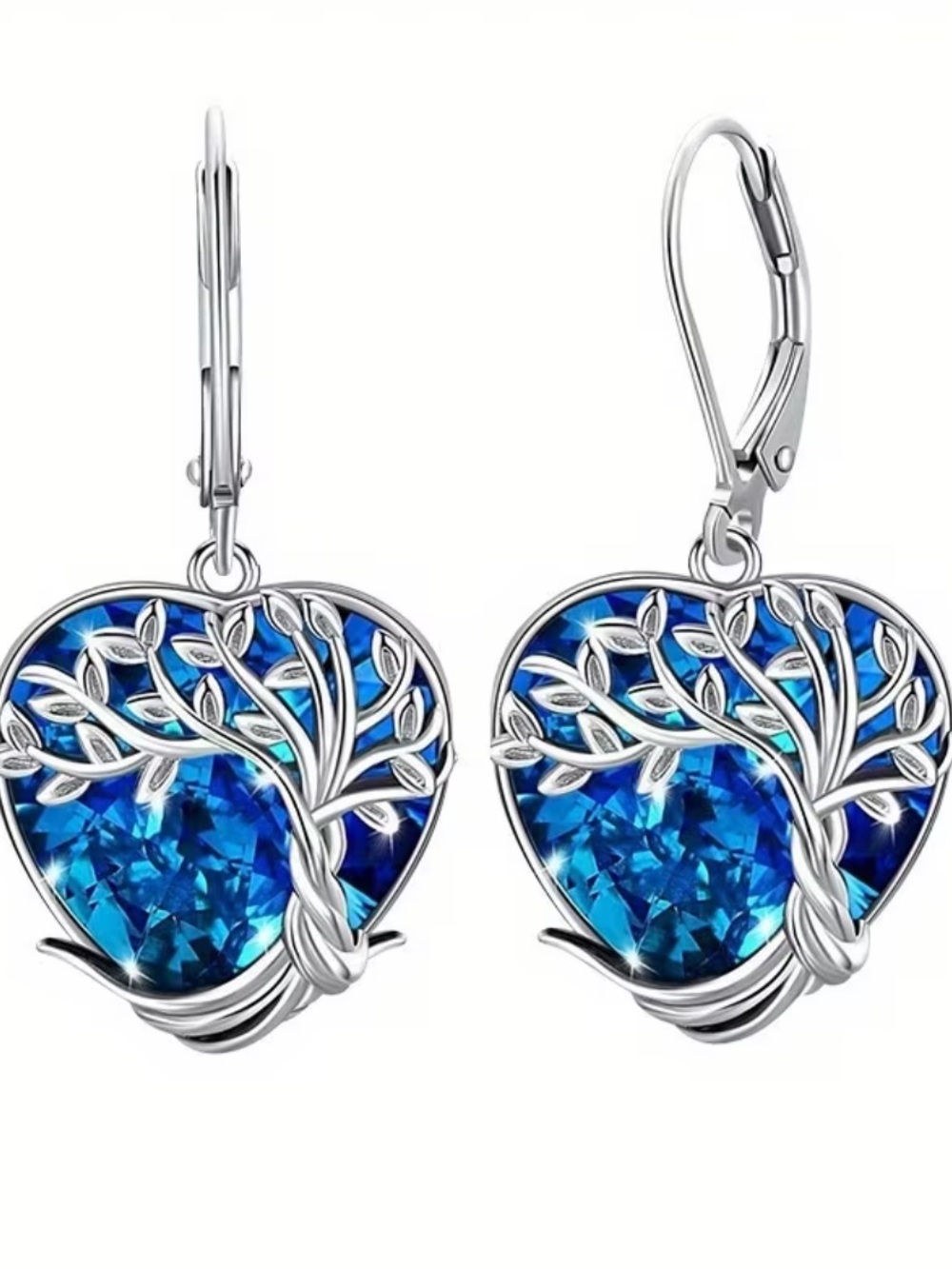 Silver Heart Tree of Life Drop Earrings with Blue Crystall